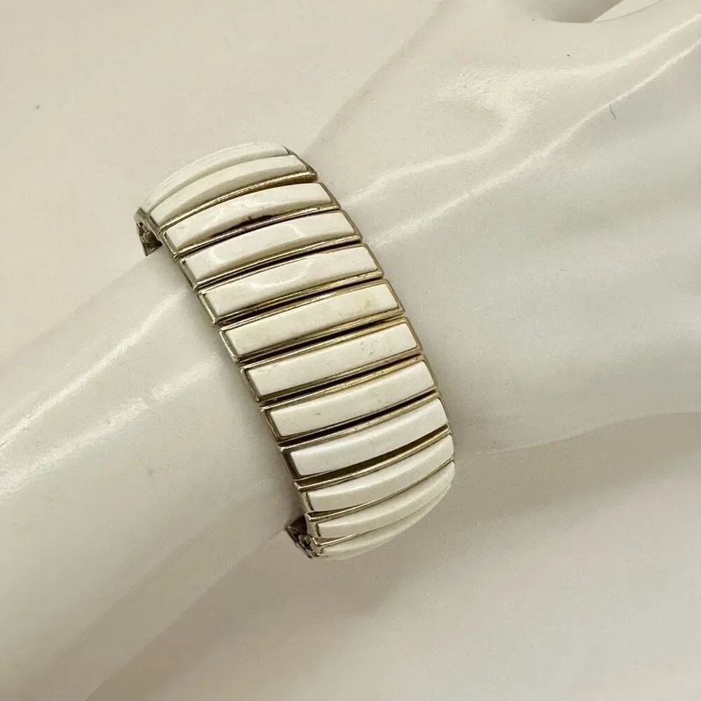 White and gold tone wide stretchy vintage bracelet
